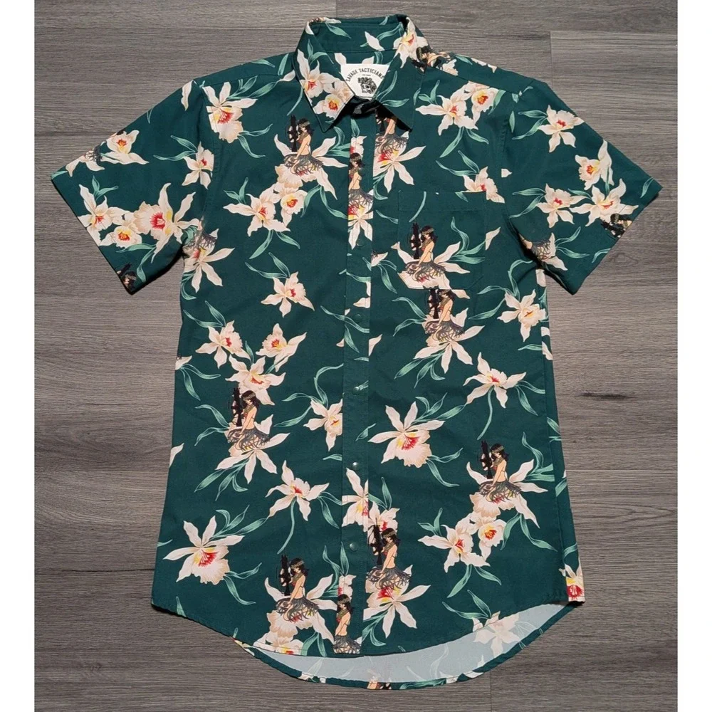 Savage Tacticians Men's Green Hula Girls Guns Floral Hawaiian Shirt‎ Size Small